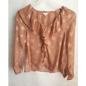 En Creme Sheer Blouse Sz S Textured Star Bronze Ruffles Top Blouse Ladies